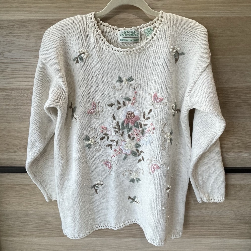 Vintage 90s Colleen's Collectables S Floral Embroidered Beaded Knit Sweater